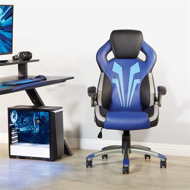 OSP Home Furnishings Ice Knight Ergonomic Adjustable High Back Faux Leather Gaming Chair with Integrated Lumbar Support and Padded Flip Arms, Blue Accents