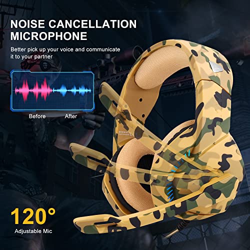 PS4 Gaming Headset with 7.1 Surround Sound, Xbox One Headset with Noise Canceling Mic & LED Light, PHOINIKAS H3 Over Ear Headphones, Compatible with Nintendo Switch, PC, PS4, Xbox One, Laptop (Camo)