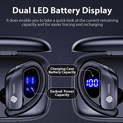 Wireless Earbuds Bluetooth Headphones 48hrs Play Back Sport Earphones with LED Display Over-Ear Buds with Earhooks Built-in Mic Headset for Workout Black BMANI-VEAT00L