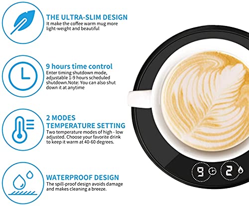 Coffee Warmer Auto On/Off Gravity-Induction Mug Warmer for Home Office Desk Use, Smart Timing Settings, Cup Sensing Touch Control Tech for Safety Heating