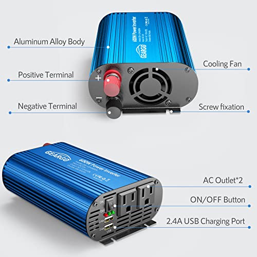 Geargo 600W Car Power Inverter DC 12V to 110V with 4.8A Dual USB Ports and 2 AC Outlets 12V Power Inverters for Vehicles （Blue）