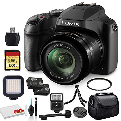 Panasonic Lumix DC-FZ80 Digital Camera (DC-FZ80K) - Bundle - with 128GB Memory Card + LED Video Light + DMW-BMB9 Battery + Digital Flash + Soft Bag + 12 Inch Flexible Tripod + Cleaning Set + More