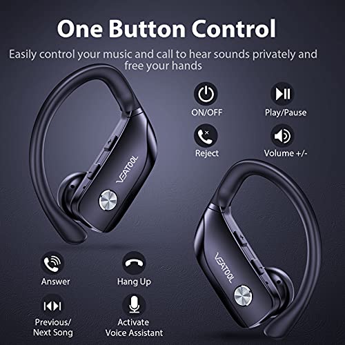 Wireless Earbuds Bluetooth Headphones 48hrs Play Back Sport Earphones with LED Display Over-Ear Buds with Earhooks Built-in Mic Headset for Workout Black BMANI-VEAT00L