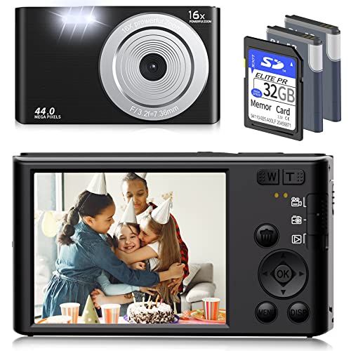 Digital Cameras for Photography, 4K & 44MP Vlogging YouTube Cameras with 32GB SD Card, Small Point and Shoot Digital Cameras for Beginners, and Teens -Black