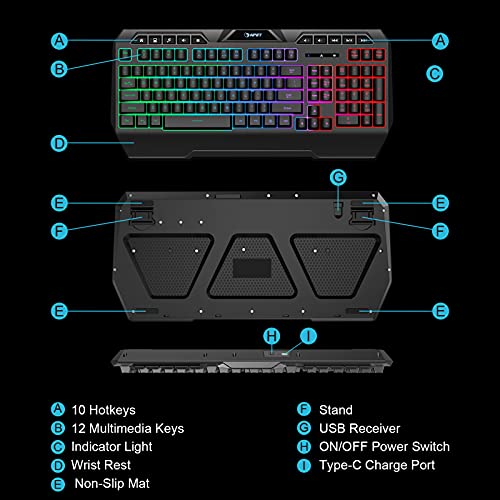 NPET K32 Wireless Gaming Keyboard RGB with Wrist Rest - Long-Lasting Rechargeable Battery - Quick and Quiet Typing - Water Resistant Backlit Wireless Keyboard for PC PS5 PS4 Xbox One Mac - Black