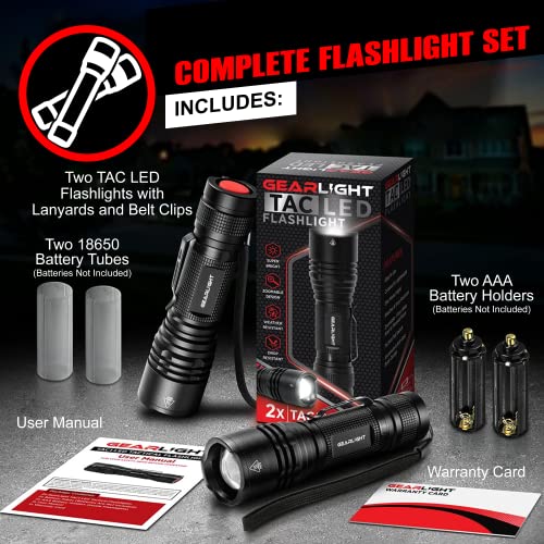 GearLight TAC LED Flashlight Pack - 2 Super Bright, Compact Tactical Flashlights with High Lumens for Outdoor Activity & Emergency Use - Gifts for Men & Women - Black