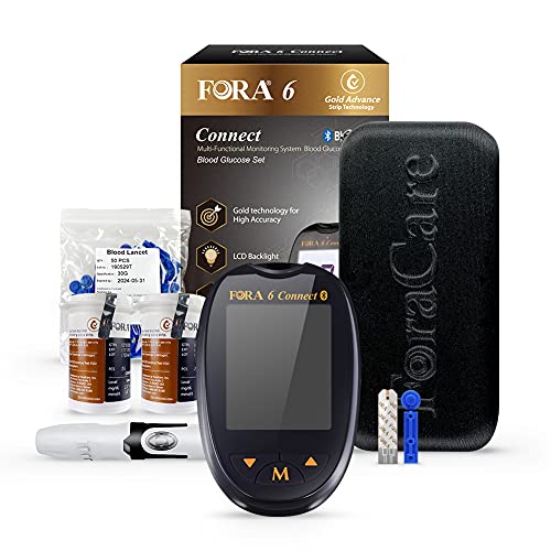 FORA 6 Connect Blood Glucose Set with 1 Meter, 50 Test Strips, 50 Lancets, Painless Design Lancing Device, Carry Case, Accurate Blood Sugar Measurement for Diabetes