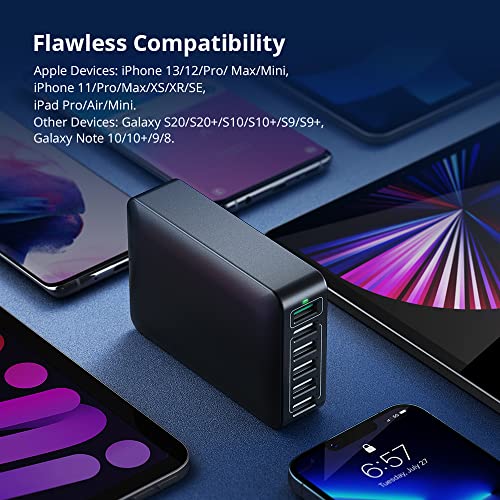 60W USB Charger QC 3.0 6-Port USB Charging Station Fast Desktop USB Charging Hub with Multi Port Compatible with iPhone 13 Pro Max Mini 12 Pro Max 11 X SE iPad Pro Air Galaxy S21 Note Tablet Black