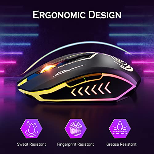 Wireless Gaming Mouse Up to 10000 DPI, UHURU Rechargeable USB Wireless Mouse with 6 Buttons 7 Changeable LED Color Ergonomic Programmable MMO RPG for PC Laptop, Compatible with Windows Mac