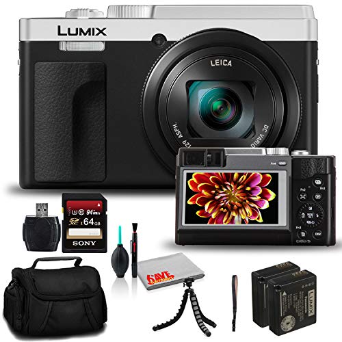 Panasonic Lumix DCZS80 Digital Camera (Silver) (DC-ZS80S) - Bundle - with 64GB Memory Card + DMW-BLE9 Battery + 12 Inch Flexible Tripod + Camera Bag + Cleaning Set + USB Card Reader