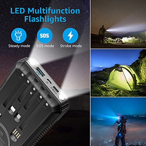 Portable Charger 33800mAh, Coolezx 22.5W & PD18W Fast Charging Solar Power Bank with 4 Built-in Cables, 15W Qi Wireless Solar Charger, External Battery Pack with LED Flashlight for iPhone, Samsung etc