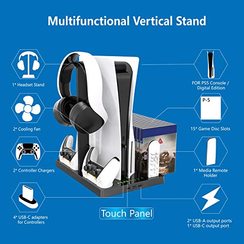 Vertical Stand with Headset Holder and Cooling Fan Base for PS5 Console & Playstation 5 Accessories, 1 Headphone Stand, 2 Controller Chargers, 15 Game Disc Slots and 1 Media Remote Organizer