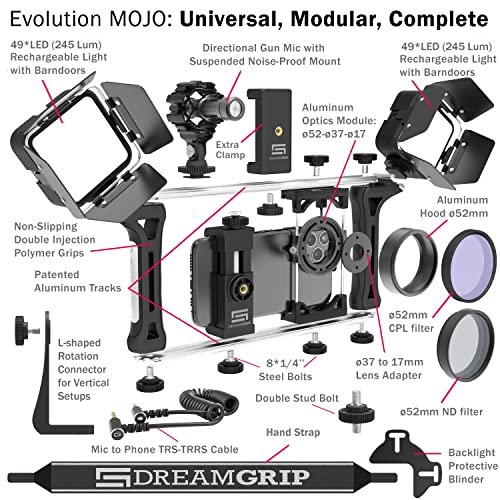 DREAMGRIP Evolution MOJO 2 Plus Universal Modular Video Rig Kit for iPhone,Smartphones,DSLR,Action Cameras-Complete Journalist Kit w/52-37-17mm Optics Adapter/Hood/Filters/Gun Microphone/2*LED Lights