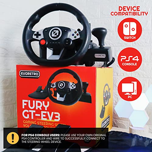 FURY GT-EV3 Racing Wheel and Pedals for PC, PS4, and Nintendo Switch Games - Gaming Steering Wheel with High Vibration Feedback, Adjustable Clamp and FREE Sack Bag by EVORETRO