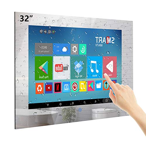 Haocrown 32-inch Touchscreen Bathroom TV Waterproof Smart Mirror TVs Brightness 500 Full-HD LED Television with Android 11.0 System 4G+64G Built-in ATSC HDTV Tuner, Bluetooth, Wi-Fi (2022 Model)