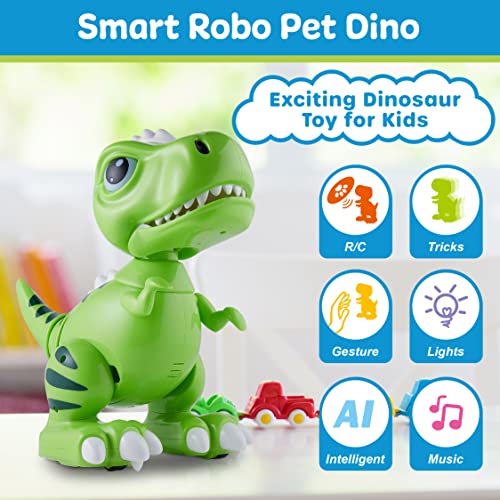 Robo Pets T-Rex Dinosaur Toy for Boys and Girls - Remote Control Robot Toy with LED Light Eyes, Interactive Hand Motion Gestures, STEM Toy Program Treats, Walking and Dancing Robot Dinosaur Kids Toy