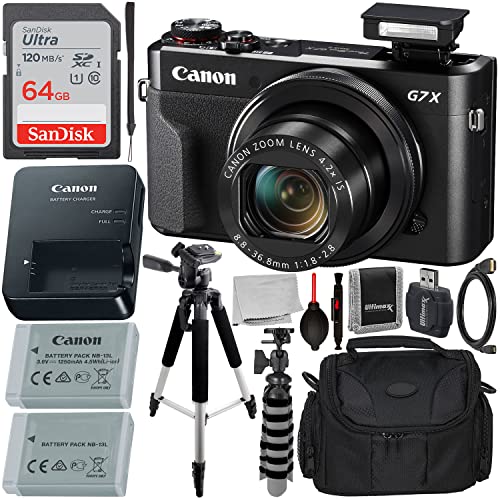 Canon PowerShot G7 X Mark II Digital Camera + SD 64GB Ultra SDXC, Extended Life Replacement Battery, Lightweight 57” Tripod, Water Resistant Gadget Bag & More (15pc Bundle)