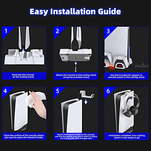 NexiGo PS5 Accessories Silent Cooling Stand with Headset Holder and AC Adapter, for PS5 Disc & Digital Editions Dual Controllers Charger, 3 Levels Adjustable Fans Speed, 10 Game Rack Organizer, White
