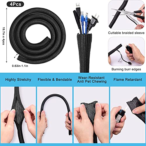 181pcs Cable Management Kits, 100 Fastening Cable Ties with 4 Wire Organizer Sleeve, 10pcs and 2 Roll Self Adhesive ties 35 Wire Clips, 10+15 Desktop Cable Holder for TV Office Home Electronics