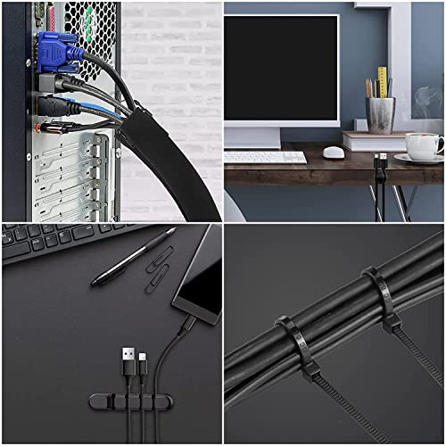 181pcs Cable Management Kits, 100 Fastening Cable Ties with 4 Wire Organizer Sleeve, 10pcs and 2 Roll Self Adhesive ties 35 Wire Clips, 10+15 Desktop Cable Holder for TV Office Home Electronics