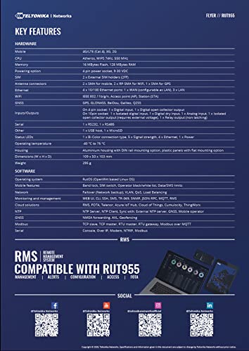 Teltonika RUT955K034S0 Rugged 4G/LTE Dual SIM Cellular Router with Advanced Wi-Fi for Verizon, Dual SIM for Additional Connection Reliability