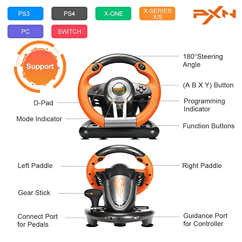 PC Racing Wheel, PXN V3II 180 Degree Universal USB Car Sim Game Steering Wheel with Pedals for PS3, PS4, Xbox One,Xbox Series X/S,Nintendo Switch (Orange)