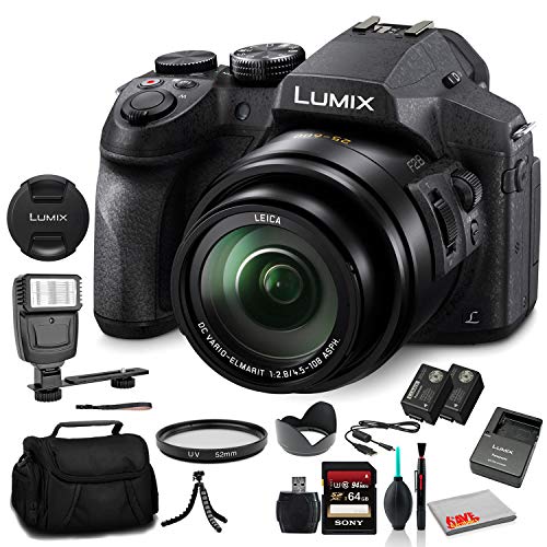 Panasonic Lumix DMC-FZ300 Digital Camera (DMC-FZ300K) - Bundle - with 64GB Memory Card + DMW-BLC12 Battery + Digital Flash + Soft Bag + 12" Flexible Tripod + Cleaning Set + 52mm UV Filter + More