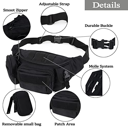 Tactical Fanny Packs, Military Waist Bag Utility Hip Belt Bags for Hiking Climbing Fishing Cycling Hunting with U.S Patch (Black)