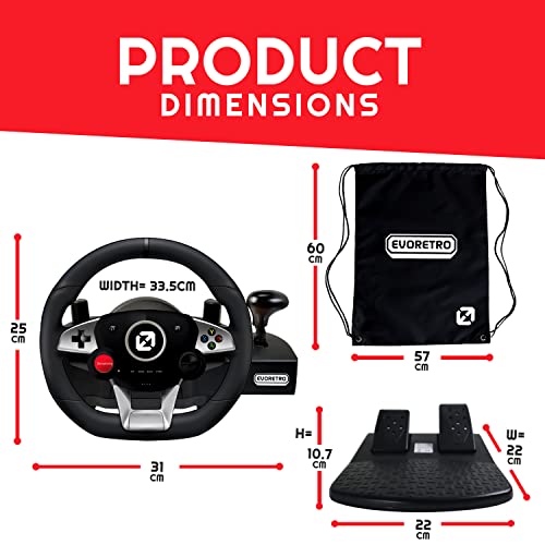 FURY GT-EV3 Racing Wheel and Pedals for PC, PS4, and Nintendo Switch Games - Gaming Steering Wheel with High Vibration Feedback, Adjustable Clamp and FREE Sack Bag by EVORETRO