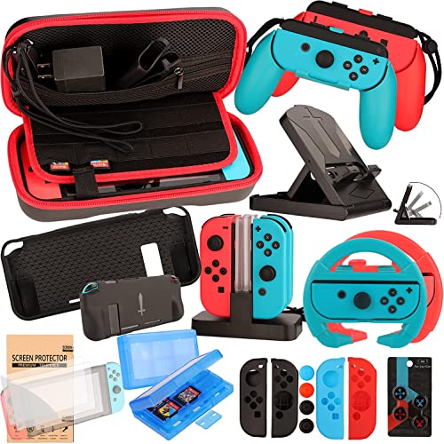 EOVOLA Accessories Kit for Nintendo Switch / Switch OLED Model Games Bundle Wheel Grip Caps Carrying Case Screen Protector Controller