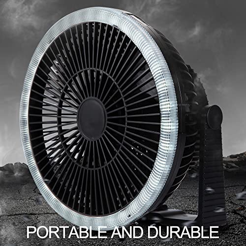 10000mAh Portable Camping Fan with LED Lights - 8 inch Rechargeable Battery Operated USB Fan with Hanging Hook for Tent Car RV Shelter Desk Outdoor Emergency Power Outage Hurricane