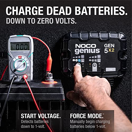 NOCO Genius GEN5X2, 2-Bank, 10-Amp (5-Amp Per Bank) Fully-Automatic Smart Marine Charger, 12V Onboard Battery Charger, Battery Maintainer and Battery Desulfator with Temperature Compensation