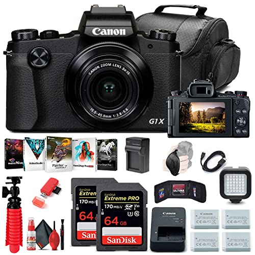 Canon PowerShot G1 X Mark III Digital Camera (2208C001), 2 x 64GB Memory Card, 3 x NB13L Battery, Corel Photo Software, Charger, LED Light, Soft Bag + More (International Model)