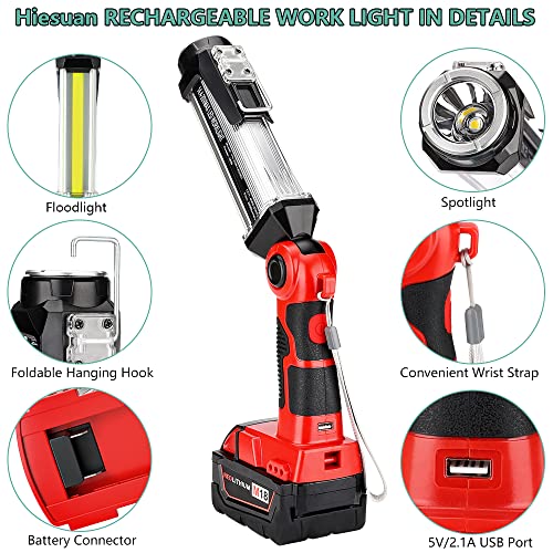 Cordless LED Work Light for Milwaukee 18v M18 Li-ion Battery, Hiesuan 35W 2000LM Outdoor Flashlight Portable Camping Lanterns with Hook, 90°Rotatable for Car Repairing, Job Site Lighting, Emergency