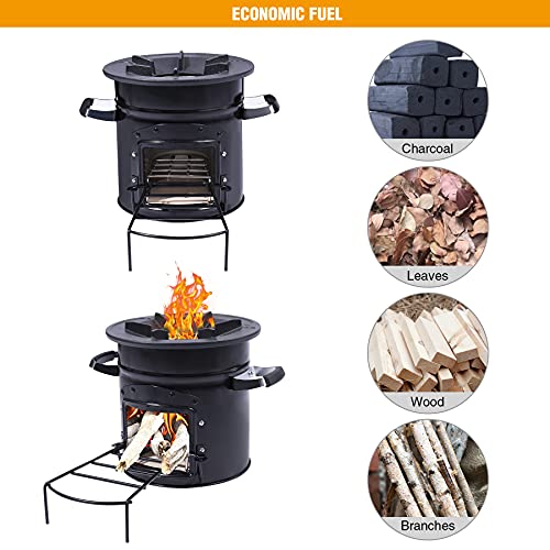 Lineslife Rocket Stove Wood Burning Portable for Backpacking, Charcoal Camping Stove with Handle and Carry Bag for Ourdoor, Cooking, BBQ, RV, Survival, Black One Door with 10.2" Stove Top