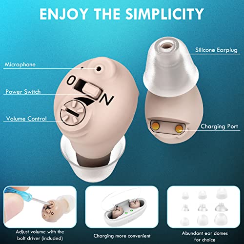 Tumin Rechargeable Hearing Aids for Seniors & Adults, Completely-in-Canal Invisible Hearing Amplifiers Earbuds for Elderly, Noise Cancelling Portable Hearing Assist with Magnetic Contact Charging Box
