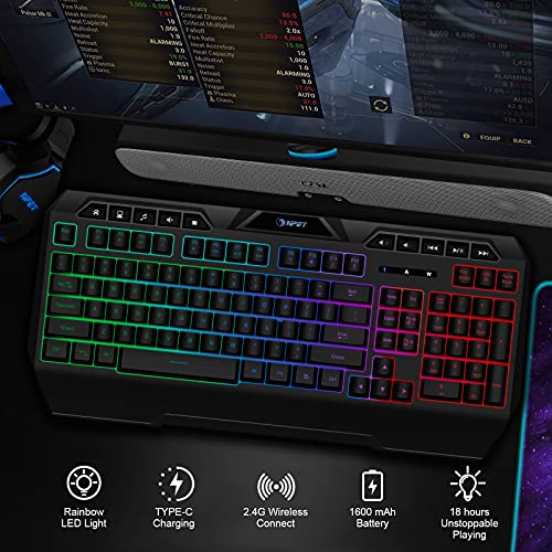 NPET K32 Wireless Gaming Keyboard RGB with Wrist Rest - Long-Lasting Rechargeable Battery - Quick and Quiet Typing - Water Resistant Backlit Wireless Keyboard for PC PS5 PS4 Xbox One Mac - Black