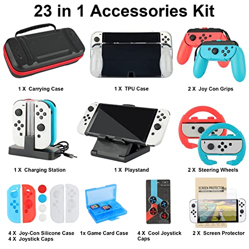 Accessories Bundle for Nintendo Switch OLED Model(2021): Super Kit with Carrying Case, Screen Protector, Steering Wheels, Joycon Grips, Charging Dock, Playstand, Protective case and More (23 in 1)