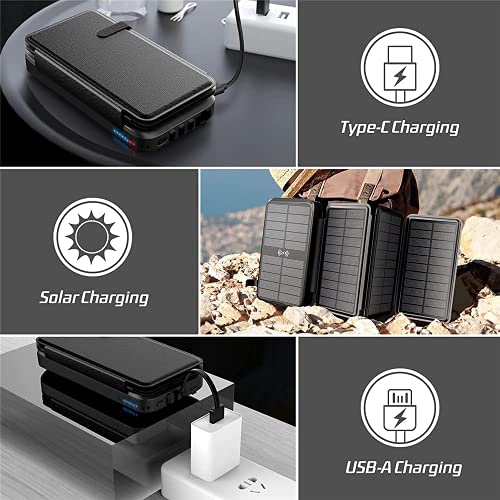 Solar-Charger-Power-Bank - Portable Charger,43800mAh Qc3.0 Fast Charging Qi 10W Wireless Charger 4 Solar Panel Built-in 2 Kinds Output Cable and 680Lumen Bright flashlights