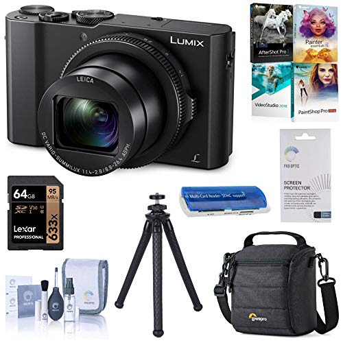 Panasonic Lumix DMC-LX10 4K Digital Point and Shoot Camera, 20.1 Megapixel 1-inch Sensor Bundle with Case, 64GB SD Card, Fotopro UFO 2 Tripod, Corel PC Software Kit, Essential Accessories