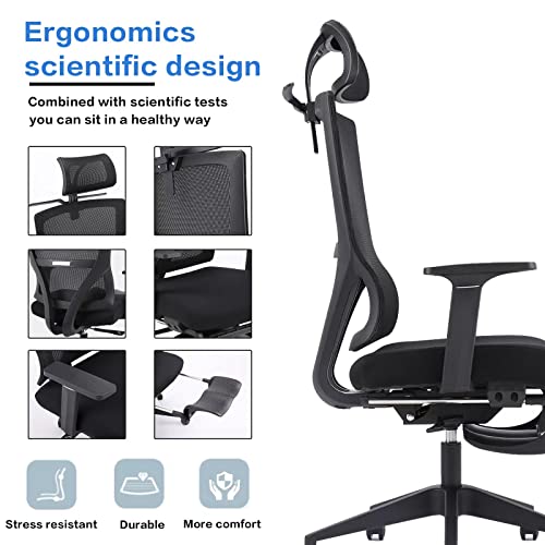 Ergonomic Office Chair, Computer Desk Chair with Adjustable Headrest, Lumbar Support and footrest, Tilt Function and Blade Wheels Mesh, Computer Chair, Gaming Chairs, Executive Swivel Chair