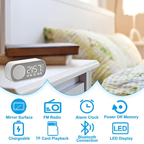 Digital Alarm Clock, LED Mirror Electronic Clock with FM Radio and Bluetooth Speaker, 3 Levels Brightness Diming Mode,for Bedroom Living Room Office Modern Room Decor