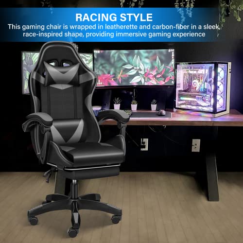 YSSOA FNGAMECHAIR01 Gaming Office High Back Computer Ergonomic Adjustable Swivel Chair with Headrest and Lumbar Support, with footrest, Black/Grey