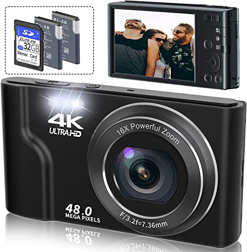 Saneen Digital Camera, 4K Cameras for Photography & YouTube, 48MP Small Compact Digital Camera for Teens, Kids,Elder,Beginners,16X Digital Zoom,with 32GB SD Card & 2 Rechargeable Batteries - Black