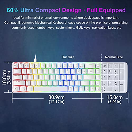 NPET K61 60% Mechanical Gaming Keyboard, RGB Backlit Ultra-Compact Wired Keyboard with Clicky Blue Switches for Computer/Laptop (68 Keys, White)