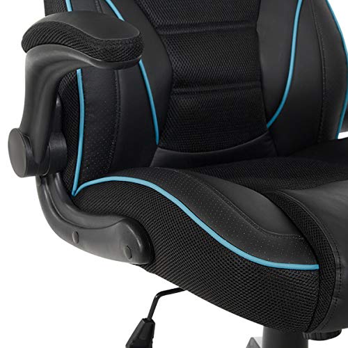 OSP Home Furnishings Xeno Ergonomic Adjustable Faux Leather Gaming Chair with Integrated Headrest and Airflow Cooling Material, Black with Blue Accents