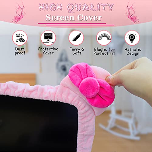 Kakurookie 27'' - 34'' Computer Monitor Protective Cover with Cat Ear Design, Cute Pink Monitor Dust Cover with Furry Design, Elastic Dustproof, Suitable for PC, Tablet, TV (27-34in, Pink)