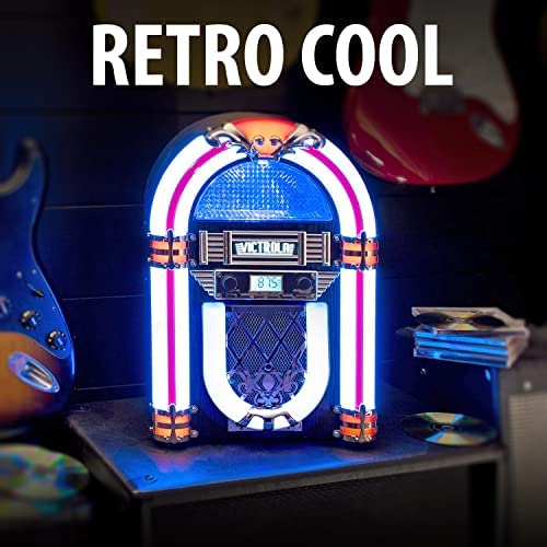 Victrola Nostalgic Wood Countertop Jukebox with Built-in Bluetooth Speaker, 50's Retro Vibe, 5 Bright Color-Changing LED Tubes, FM Radio, Wireless Music Streaming, AM/FM Radio, Aux Input