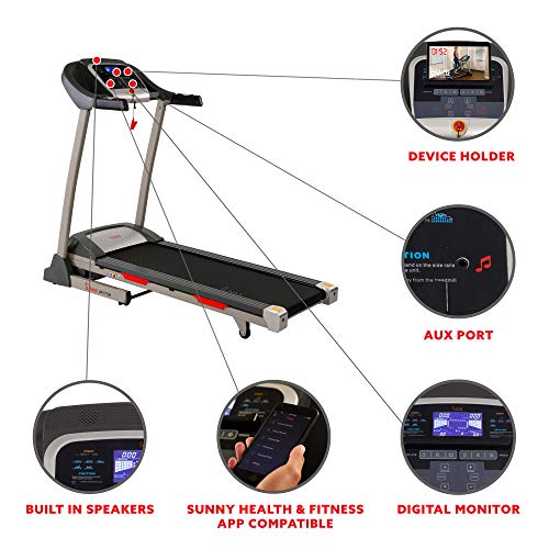 Sunny Health & Fitness Portable Treadmill with Auto Incline, LCD, Smart APP and Shock Absorber - SF-T7705