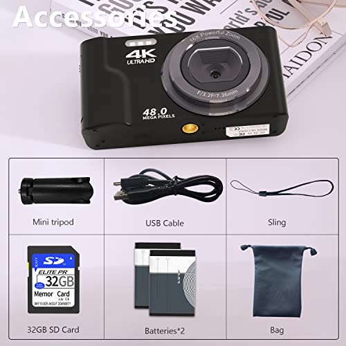 VJIANGER 4K 48MP Ditial Camera for Photography 2.8" Vlogging Camera for YouTube Compact Portable Video Camera with Manualfocus, 16X Digital Zoom, 2 Batteries, 32GB SD Card, Tripod(Black)